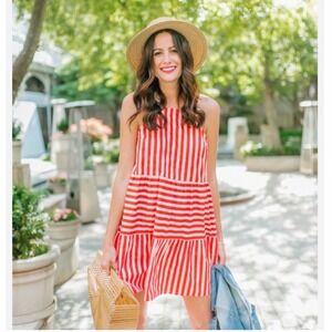 ASOS Cute Red Tan Striped Tiered Mini Sundress Cotton Adjustable Straps 2 NWOT